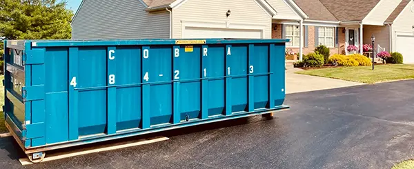 A dumpster rental placed in the street in front of a home