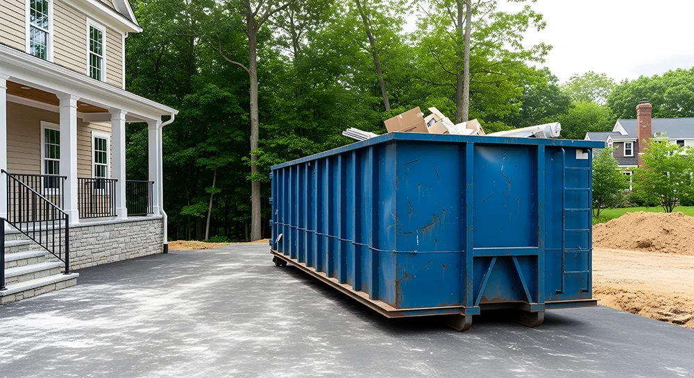 A residential driveway with a mid-sized roll-off dumpster filled with mixed debris from a home cleanout