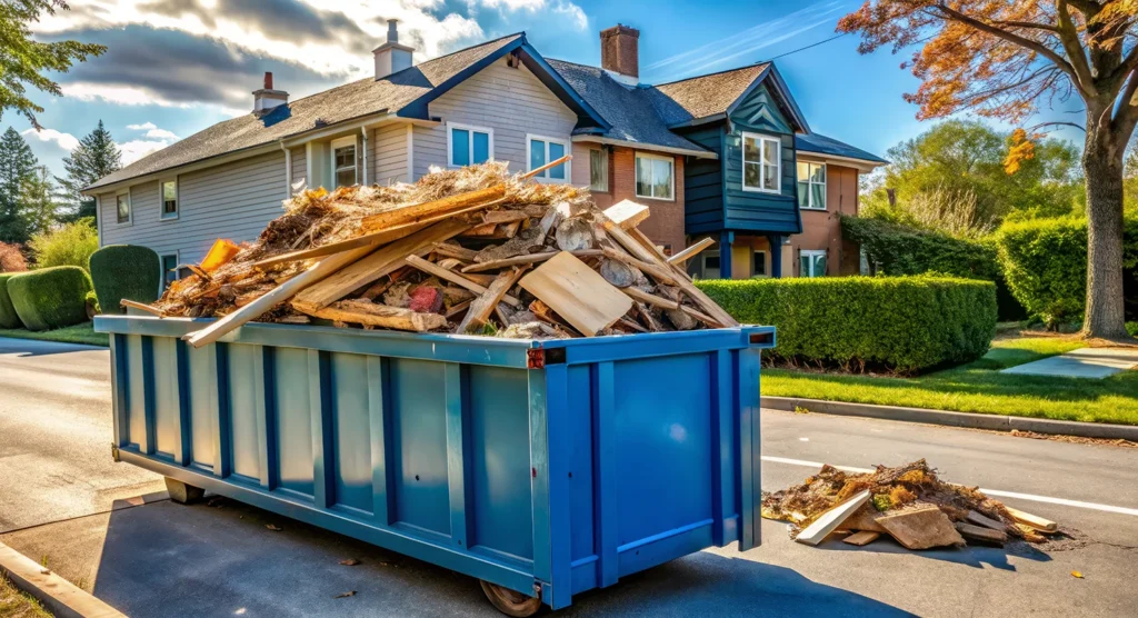 An open-top dumpster filled with mixed household items like furniture, boxes, and wood debris during a home cleanout project.