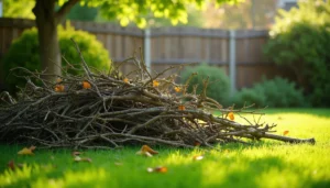 Backyard with piles of branches and yard debris