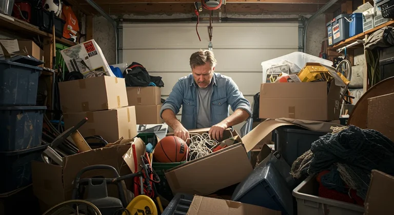 Cluttered garage before cleanout in Northeast Ohio