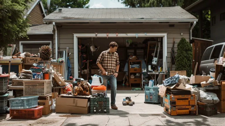 Garage filled with boxes and junk before a move