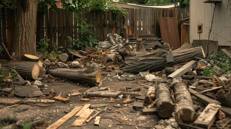Tree branches and debris with roll off dumpster after storm