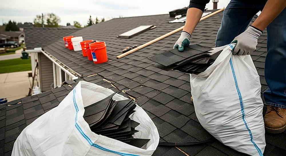 A roofer removing old shingles from house roof
