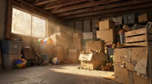 Cluttered basement filled with boxes