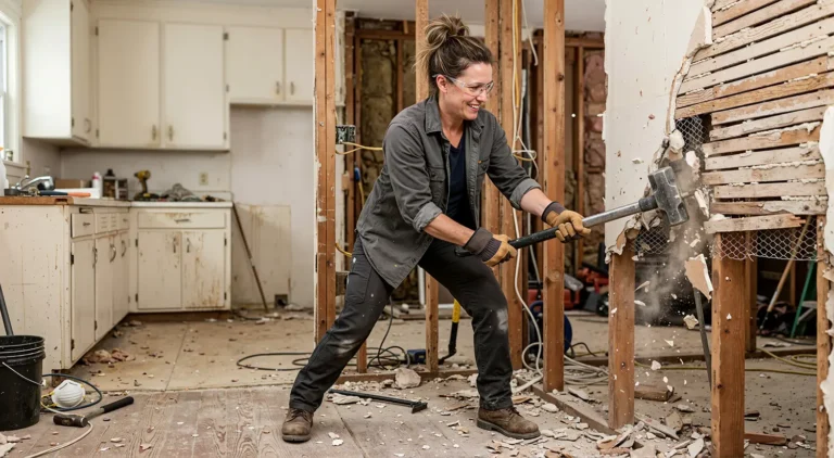 Homeowner remodeling a kitchen with demolition underway