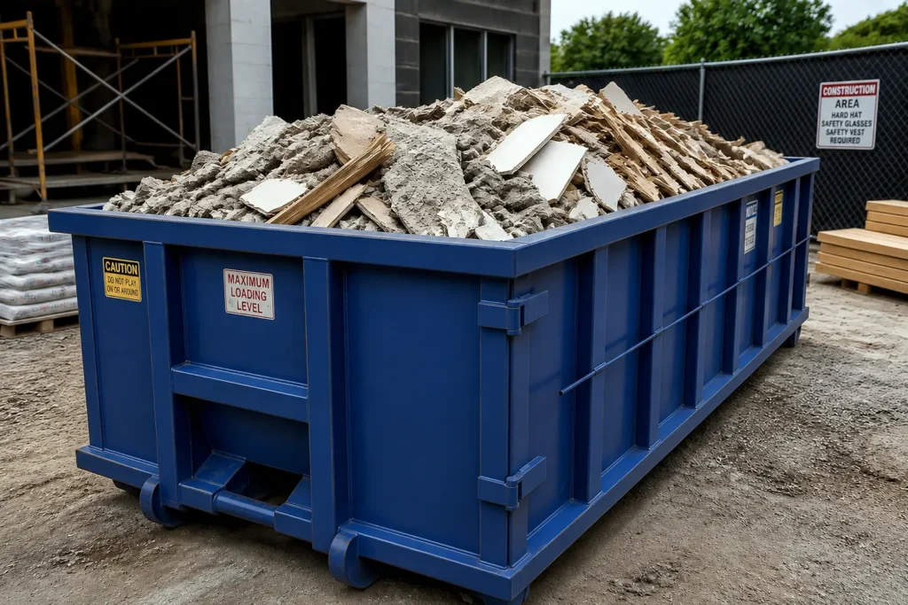 Commercial construction cleanup with a roll-off dumpster