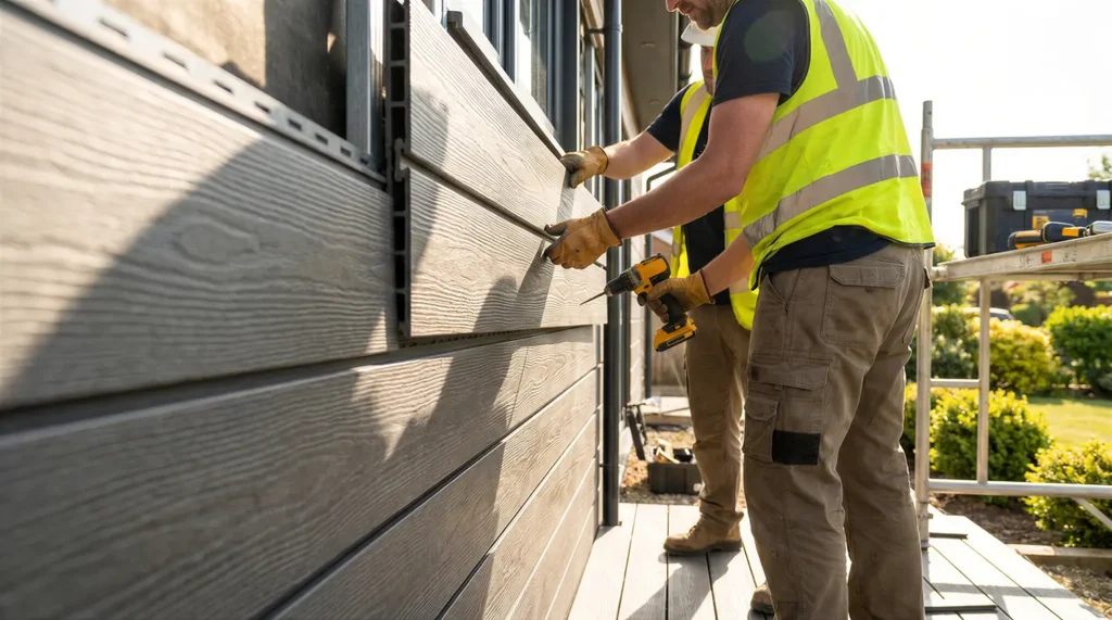 Contractors replacing siding on a residential home