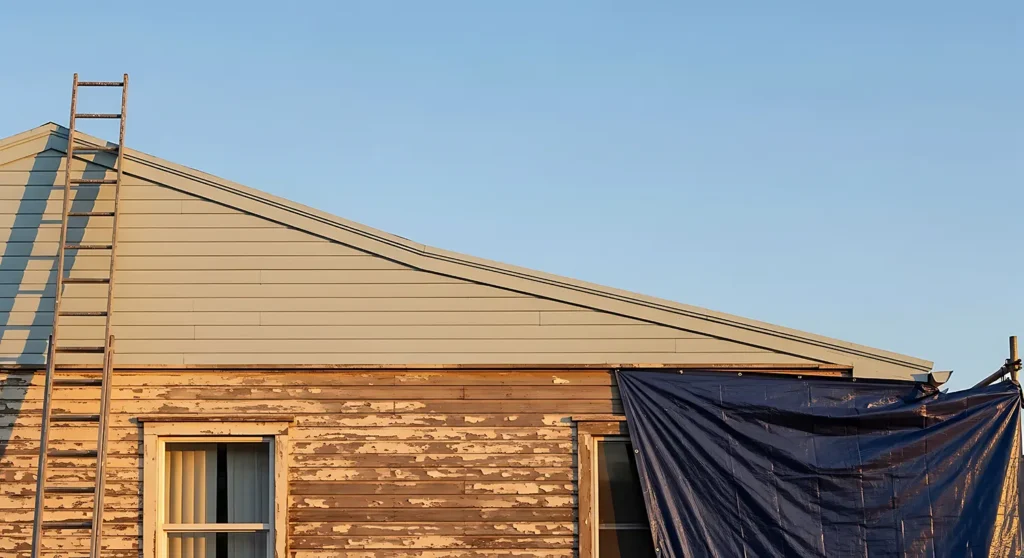 Home with old siding being removed during renovation