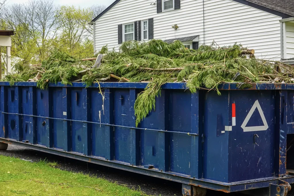 Roll-off dumpster filled with branches and landscaping debris