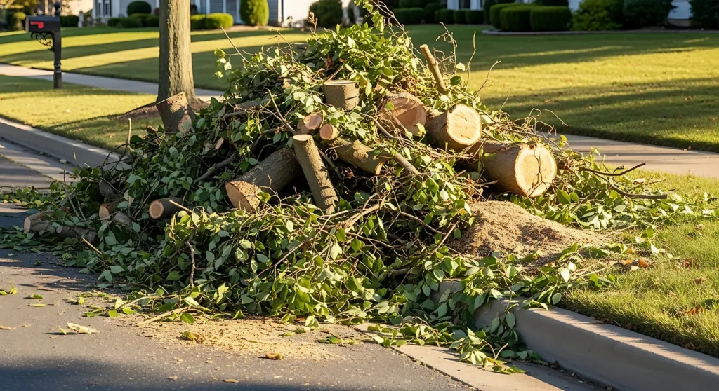 Trimmed tree branches in a pile on the street