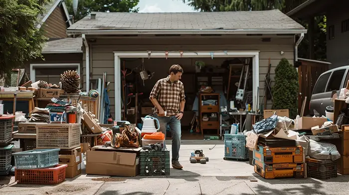 Man in front of garage with boxes and junk