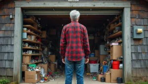 Cluttered backyard shed filled with tools, boxes, and outdoor equipment